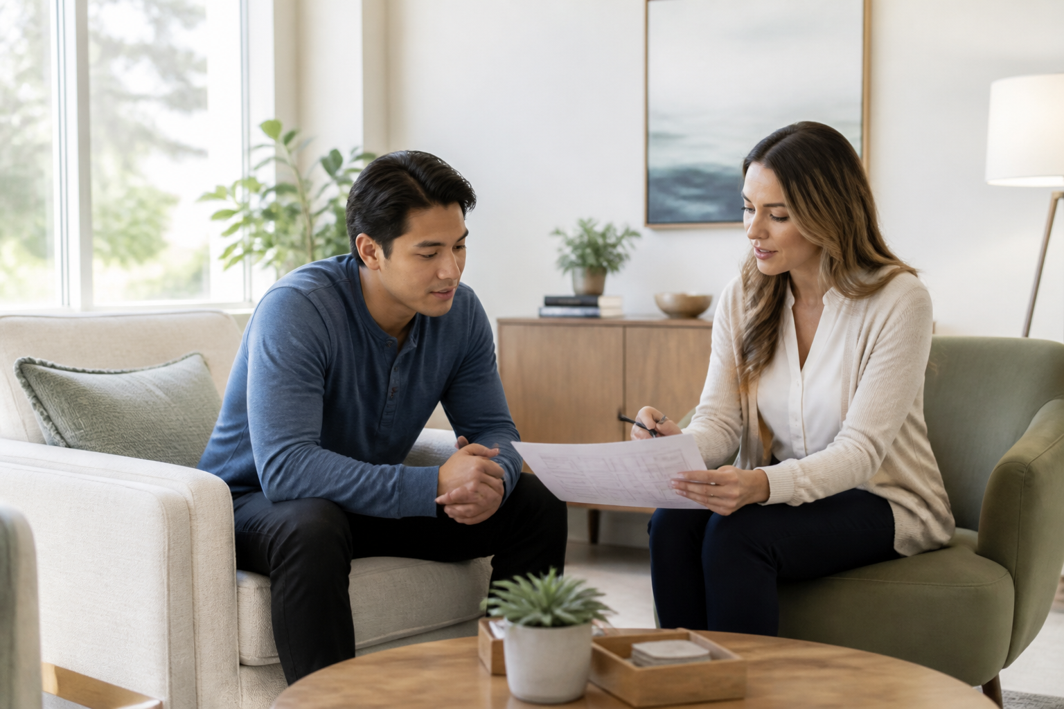 Clinician reviewing an outpatient treatment schedule with a client