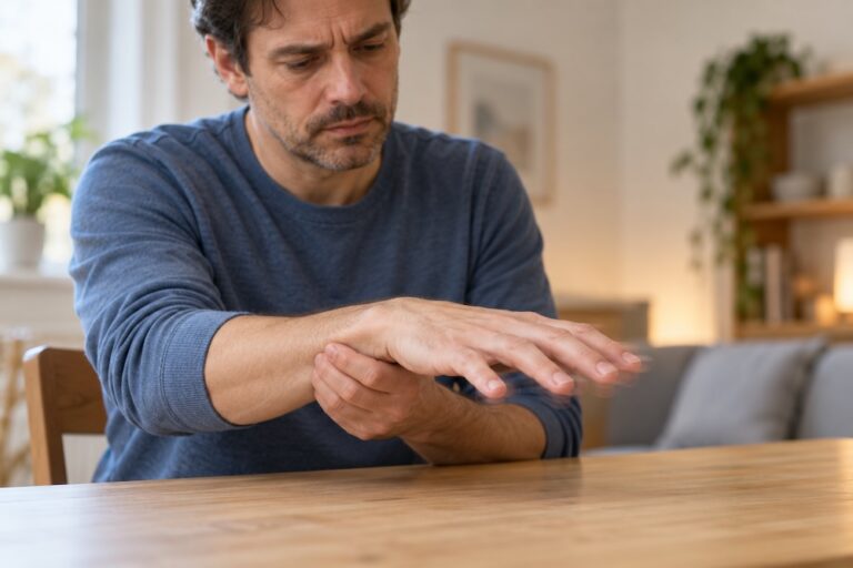 Adult steadying an outstretched hand at the wrist, with fingertip motion blur illustrating a tremor